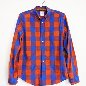 Orange and Blue Square Plaid and Check Collar Shirt